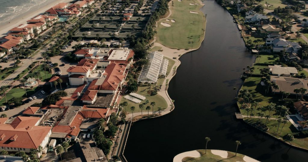riverfront venue aerial shot | Paros Films